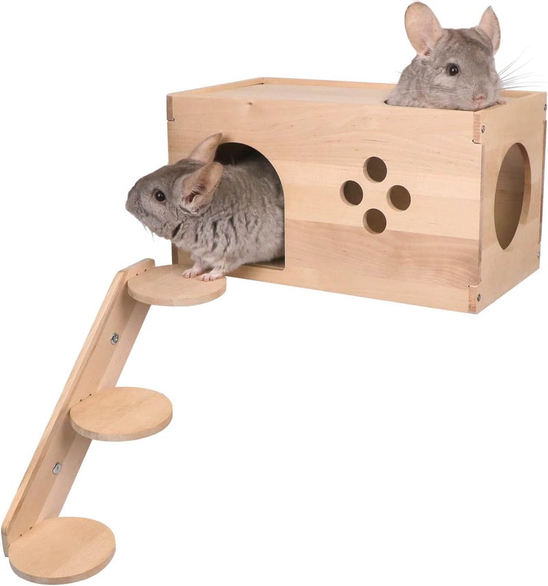 YKD Chinchilla Wooden House with Ladder - Small Animal Hideout for Squirrel or Sugar Gliders - Ventilated Wooden Chinchilla Hut Hideout with Multiple Doors - Image 1
